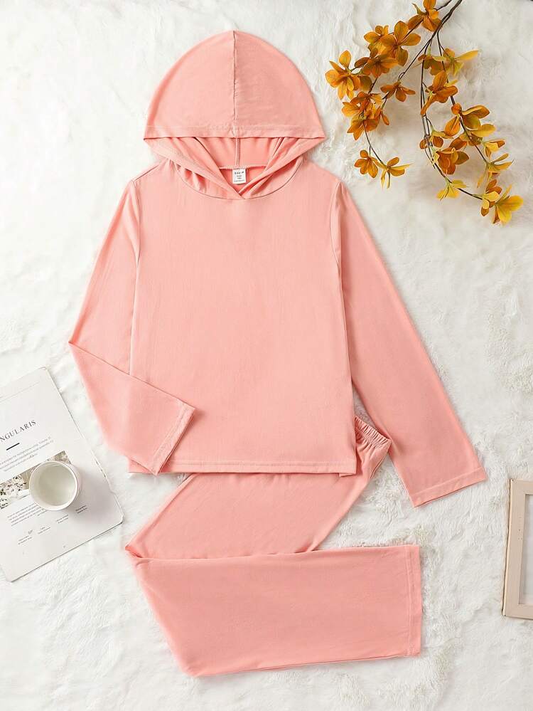 Tween Girl Solid Hooded Tee & Pants PJ Set