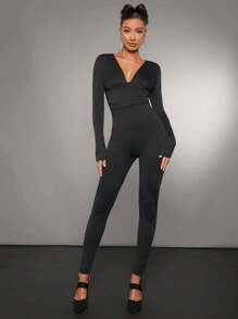 SHEIN BAE Solid Plunging Neck Unitard Jumpsuit