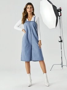 SHEIN Privé Solid Denim Overall Dress - Blue - View 3