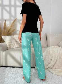 Slogan Graphic Tee & Pants PJ Set / Pajama Set - Multicolor - View 2