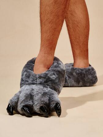 秋冬季男士趣味毛绒保暖爪子平底拖鞋，黑色舒适鞋，趣味拖鞋