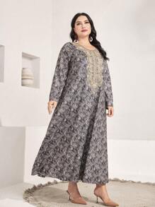 Al Najma Plus Paisley Print Contrast Lace Dress - Multicolor - View 6