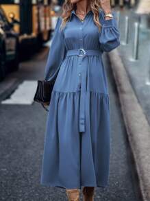 SHEIN LUNE Tay áo lồng đèn Xù Hoa Sen Thắt lưng Váy sơ mi - Màu xanh bụi bặm - Xem 3