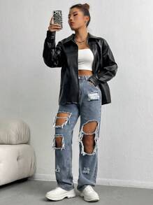 Flirla Drop Shoulder Zip Up PU Leather Coat