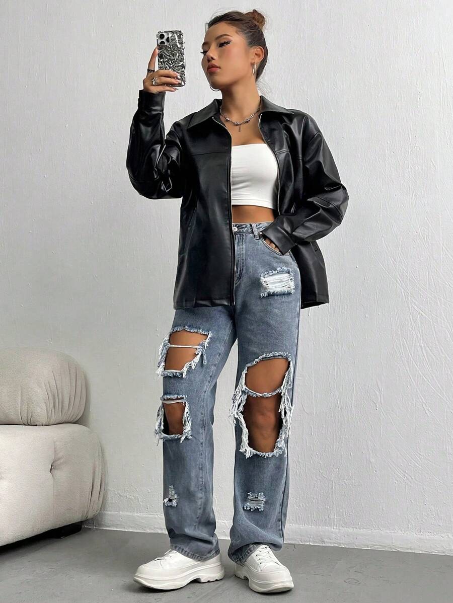 Flirla Drop Shoulder Zip Up PU Leather Coat