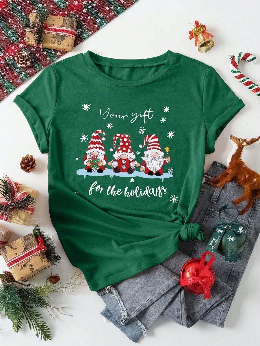 INAWLY Christmas Print Tee - Dark Green - View 1