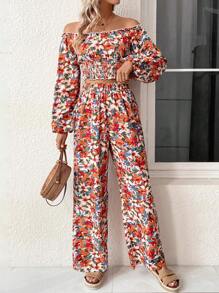 SHEIN VCAY Allover Floral Print Off Shoulder Crop Top & Wide Leg Pants - Multicolor - View 4