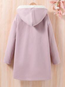 SHEIN Tween Girl 1pc Dual Pocket Double Breasted Fuzzy Trim Hooded Overcoat - Mauve Purple - View 2