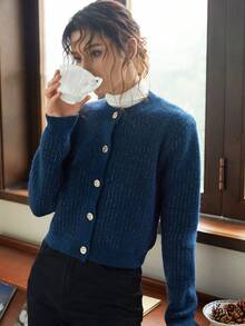 Knit Mix 女士開襟衫 - 藍色 - 查看 4