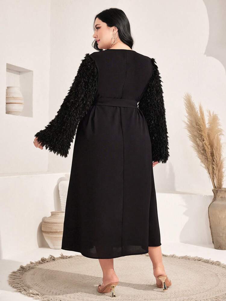 Plus Fuzzy Bell Sleeve Belted Dress