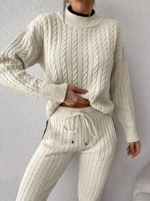 EURMUSE Cable Knit Drop Shoulder Sweater & Drawstring Waist Knit Pants - Beige - View 6