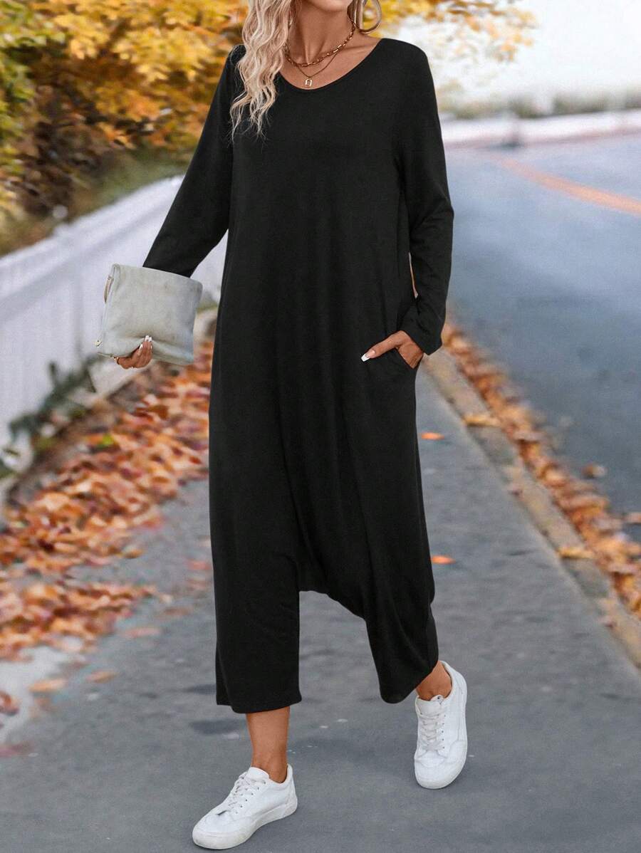 SHEIN LUNE Solid Slant Pocket Drop Crotch Jumpsuit - Black - View 1