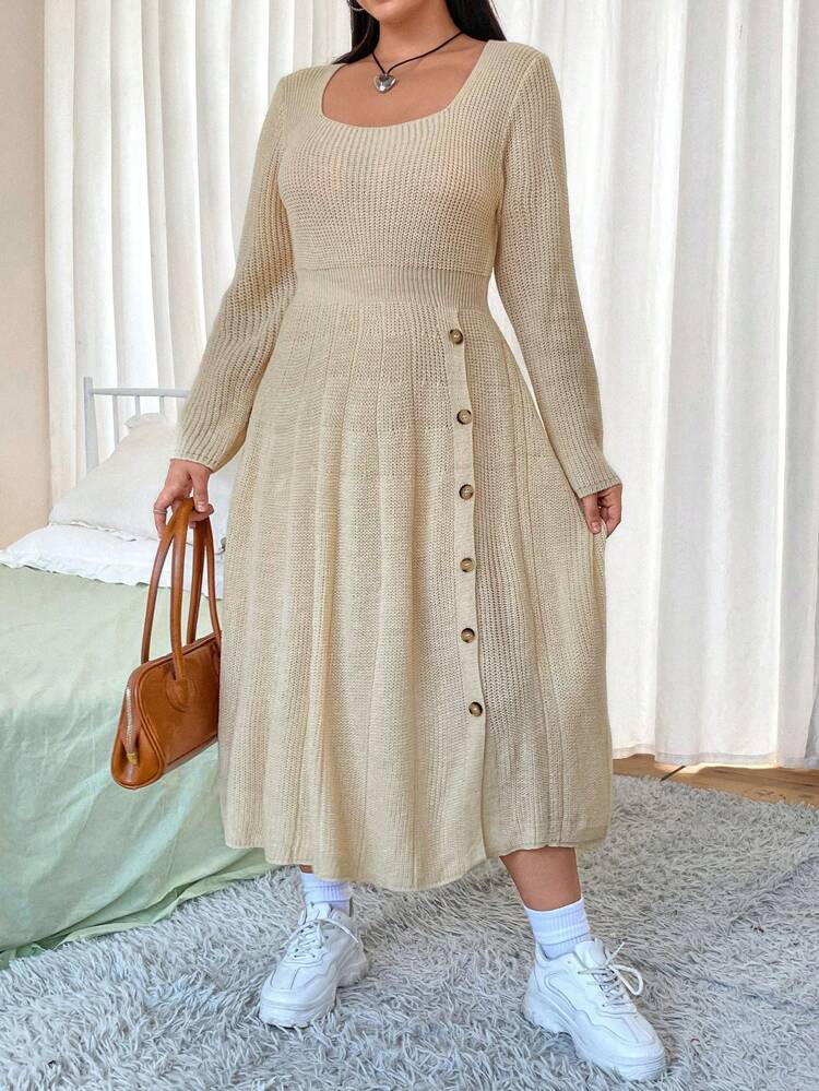 Plus Button Detail Fold Pleated Sweater Dress