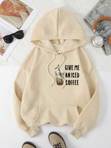SHEIN EZwear Slogan & Cà phê Đồ họa Túi kangaroo Dây rút Lót nhiệt Hoodie - Màu be - Xem 1
