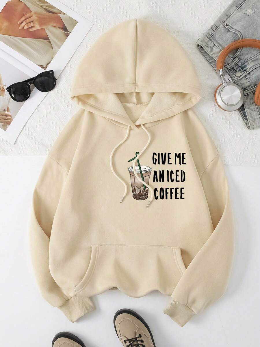 SHEIN EZwear Slogan & Cà phê Đồ họa Túi kangaroo Dây rút Lót nhiệt Hoodie - Màu be - Xem 1