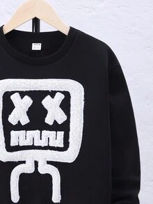 SHEIN 男孩卡通圖案加絨內裏運動衫 - 黑色 - 查看 5