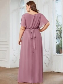 EVERPRETTY Elegant V-Neck Ruffle Sleeve Floor Length Bridesmaid Dress - Dusty Pink - View 3