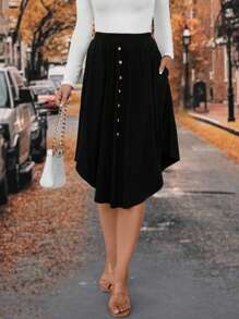SHEIN LUNE 素色隱藏口袋紐扣細節弧形下擺半身裙 - 黑色 - 查看 1