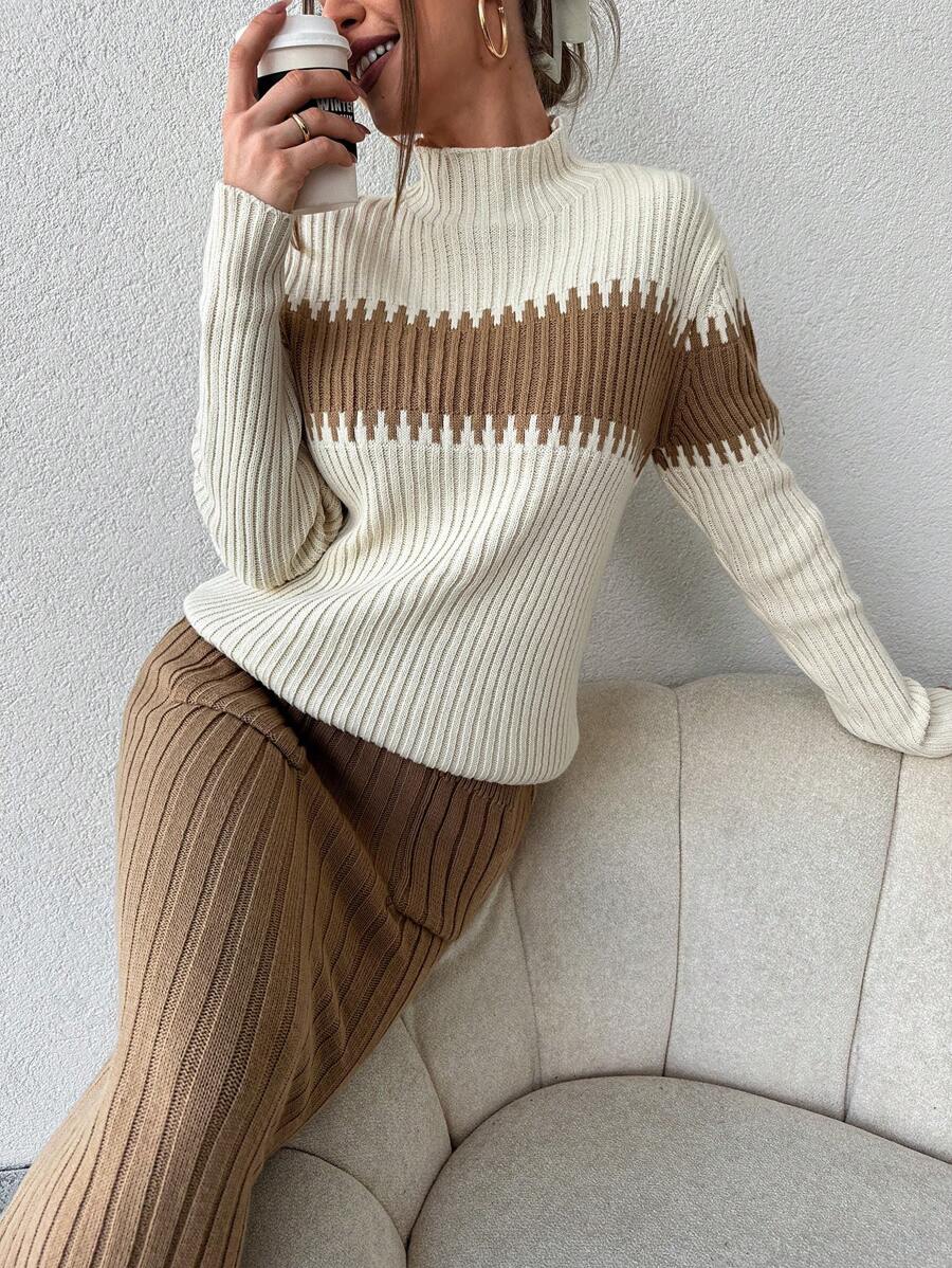 EURMUSE Color Block Mock Neck Sweater & Knit Skirt - Multicolor - View 1