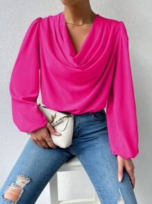 SHEIN Privé cổ áo xếp nếp Tay áo lồng đèn Áo sơ mi - Màu Hồng Tươi - Xem 4