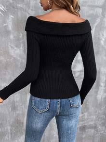 SHEIN Essnce 素色條紋針織交叉圍裹條紋針織套頭毛衣 - 黑色 - 查看 2