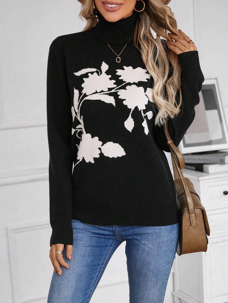 Floral Pattern Turtleneck Drop Shoulder Sweater
