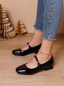 Women's Fashion Chunky Heel Patent Leather Pumps, Comfortable Mary Jane Flats, Ladies Black High Heels, Spring Autumn