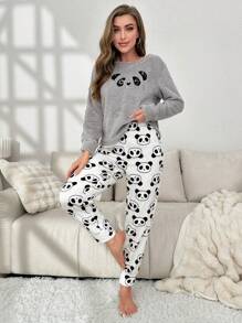 Conjunto de pijama panda con bordado de hombros caídos de franela - Blanco - Ver 5