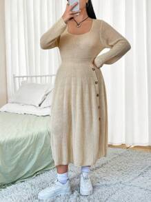 Flirla 大碼紐扣細節褶皺毛衣洋裝 - 杏色 - 查看 3