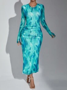 SHEIN Privé Allover Print Ruched Side Bodycon Dress - Blue - View 4