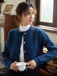 Knit Mix 女士開襟衫 - 藍色 - 查看 1