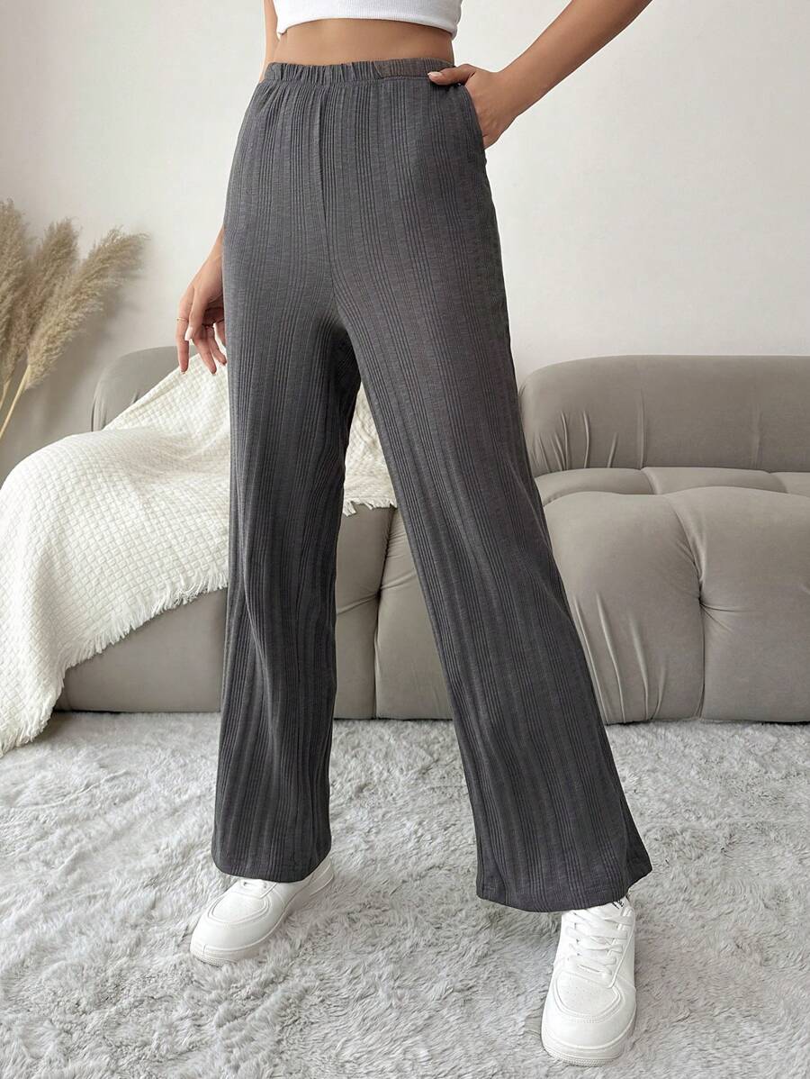 EURMUSE Solid Slant Pocket Straight Leg Pants - Grey - View 1