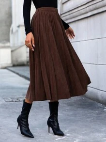 SHEIN Essnce 素色百褶半身裙 - 咖啡棕 - 查看 4