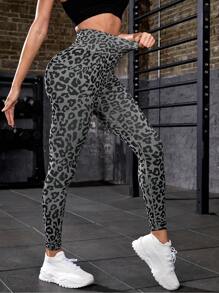 Powerista Leopard Print Wideband Waist Sports Leggings - Dark Grey - View 5