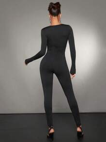 SHEIN BAE Solid Plunging Neck Unitard Jumpsuit