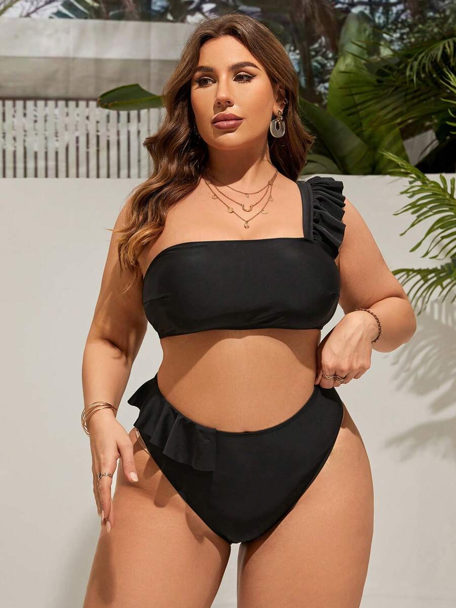 SHEIN Swim Curve 附荷葉邊設計單肩比基尼泳裝套裝 - 黑色 - 查看 1