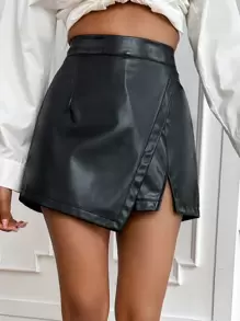 Firerie High Waist Asymmetrical Hem PU Leather Skort - Black - View 5