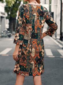 EMERY ROSE Floral & Patchwork Print Notched Neck Hidden Pocket Tunic Dress - Dark Green - View 2