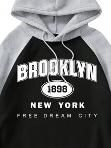 Men Letter Graphic Raglan Sleeve Drawstring Hoodie - Black - View 4