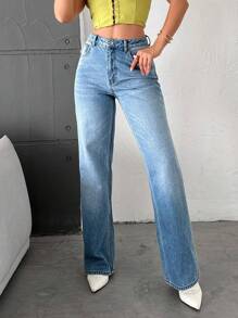 SHEIN Cottnline Wide Leg Jeans With Slant Pockets & Frayed Hem Design - Medium Wash - View 1