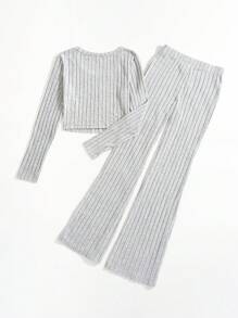 SHEIN EZwear 素色T恤&喇叭褲 - 淺灰色 - 查看 2