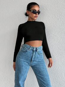 EURMUSE Fringe Trim Cut Out Back Crop Tee - Black - View 2