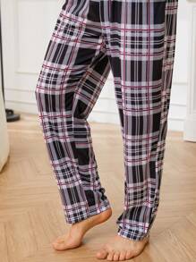 Men Plaid Print PJ Set / Pajama Set, Fall Clothes - Black - View 3