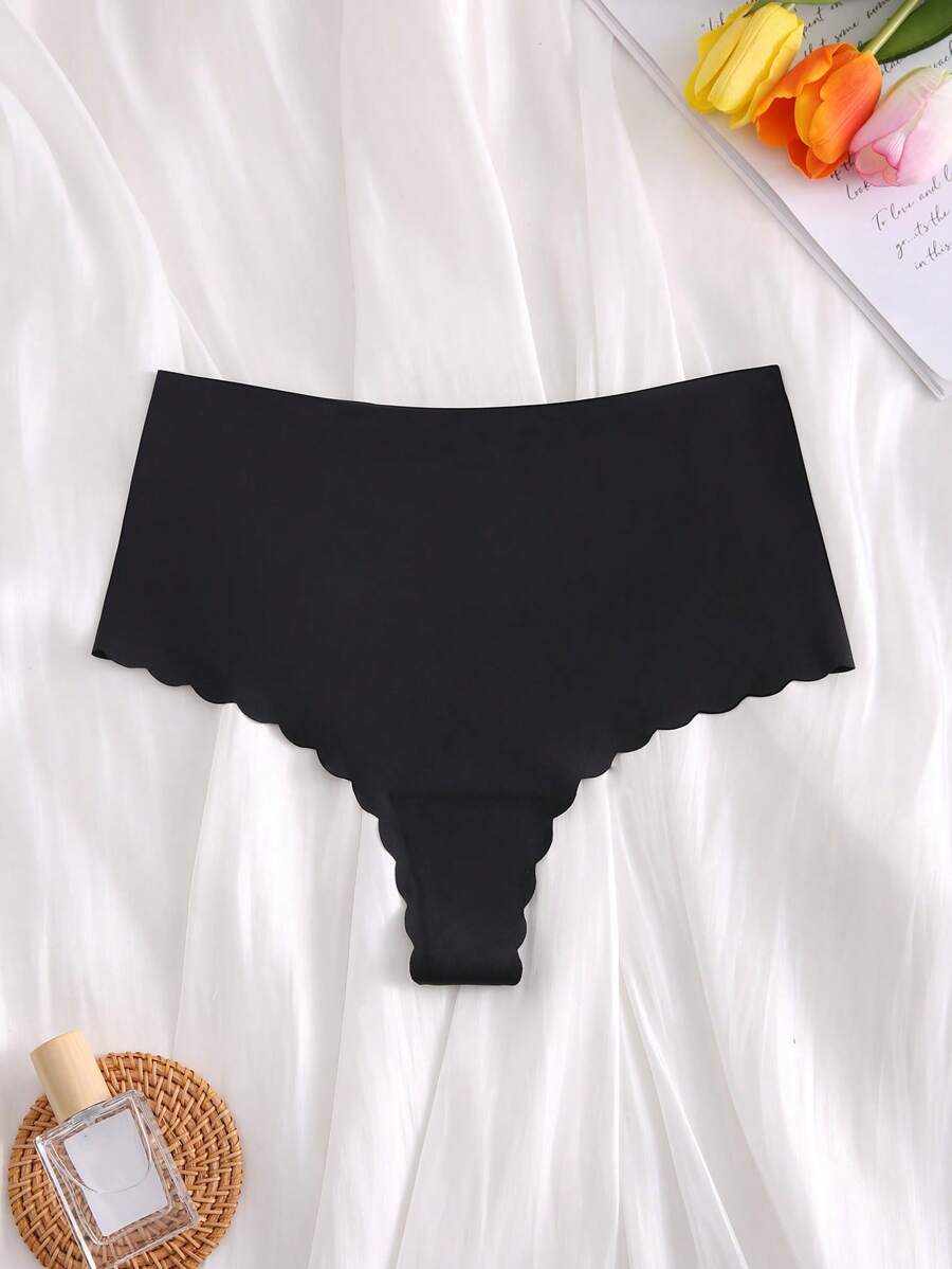 Solid Scallop Trim Panty - Black - View 1