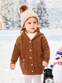 SHEIN Cardigan Bayi Perempuan Kantong Tombol Depan Plain - Mocha Brown - View 1