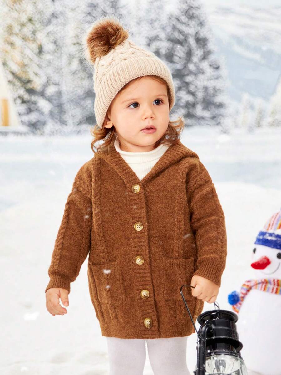 SHEIN Cardigan Bayi Perempuan Kantong Tombol Depan Plain - Mocha Brown - View 1