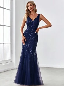 Fall Elegant Floral Sequin Dress Mermaid Tail Navy Blue Evening Gown Dinner Party Dress Wedding Guest Dress Formal Dress