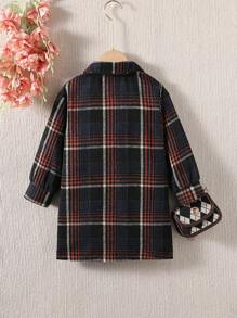 SHEIN Young Girl Plaid Print Flap Detail Overcoat Without Sweater - Navy Blue - View 2