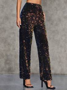 SHEIN BAE 女性華麗彩虹亮片直筒褲 - 黑色 - 查看 5