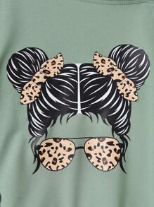 SHEIN Tween Girl Figure Graphic Asymmetrical Neck Sweatshirt - Army Green - View 5